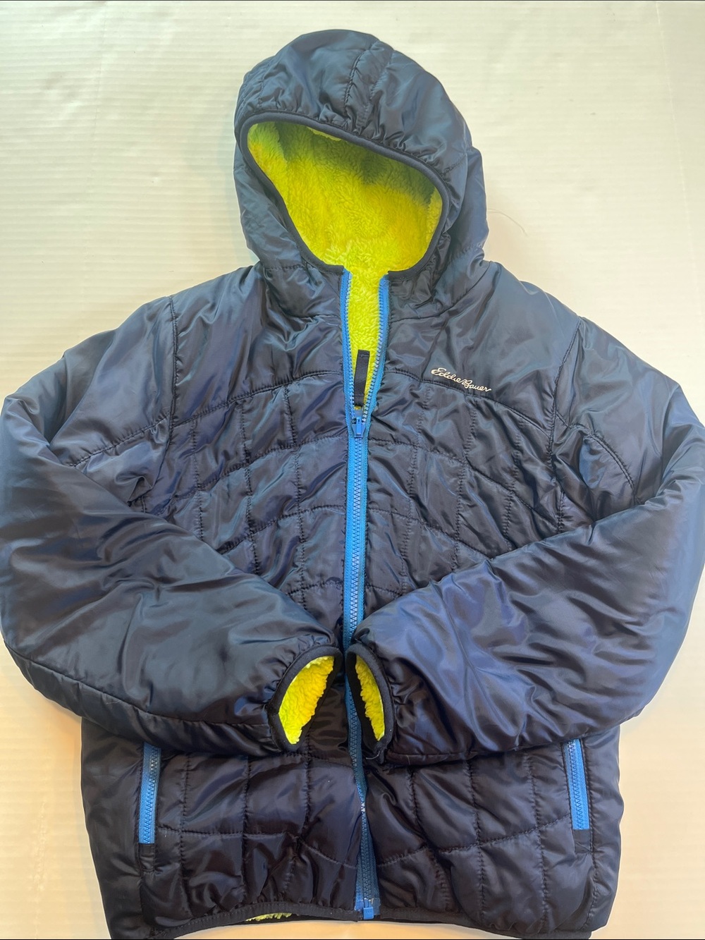 Eddie Bauer Navy Hooded Puffer Jacket with Bright Green Lining